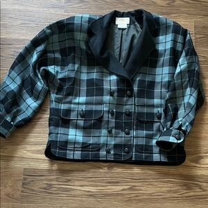 1980s  Black and Blue Plaid Wool Women's Jacket with Full Shoulder Pads